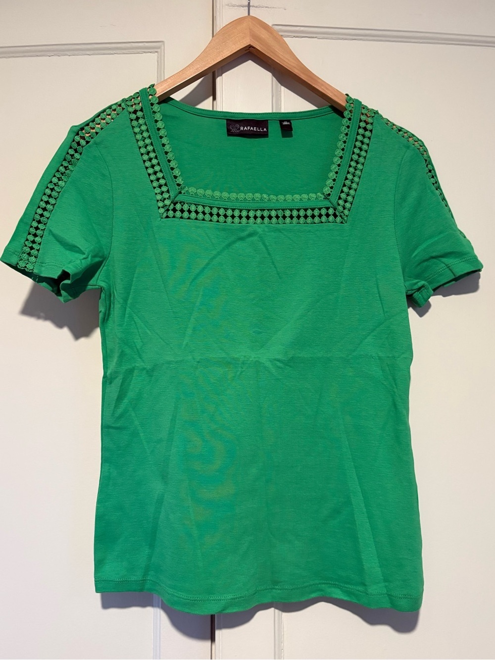 Rafaella Green Short Sleeve Crochet-Trim Square Neck Tee
